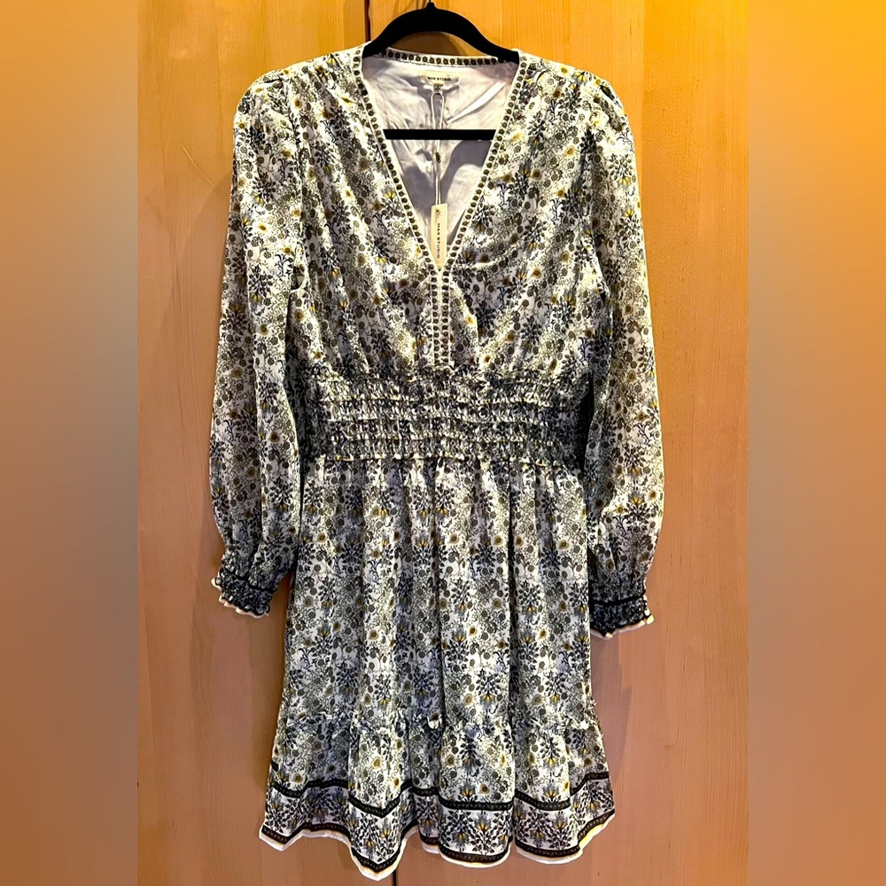 Max Studio Yellow, Blue and Ivory Floral Long Sleeve Dress